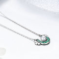 Authentic 925 Sterling Silver Horseshoe Green CZ Clover Flower Pendant Necklace Women Sterling Silver Jewelry